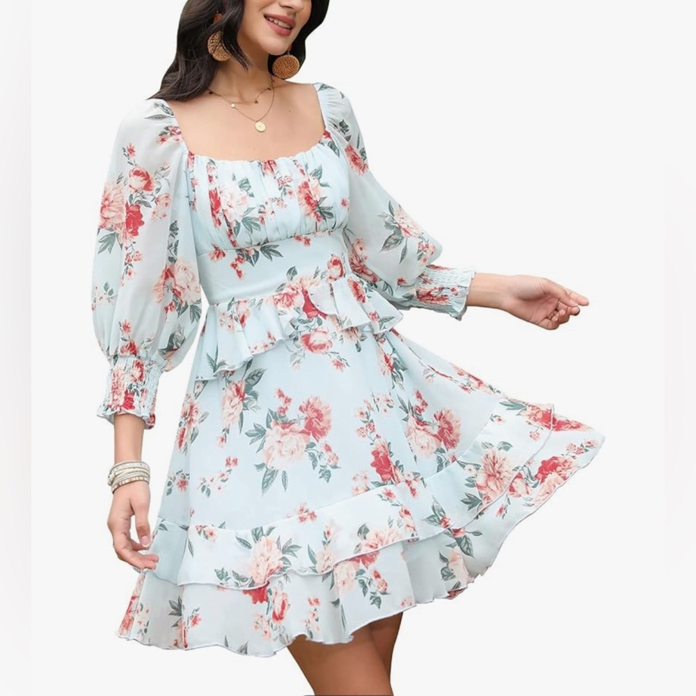 EXLURA Womens Floral Ruffle Off the Shoulder Sun Dress